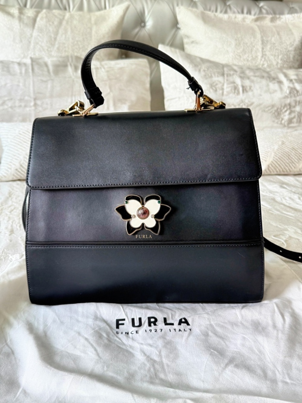 Furla Black Leather Top-Handle Satchel with Floral Turnlock